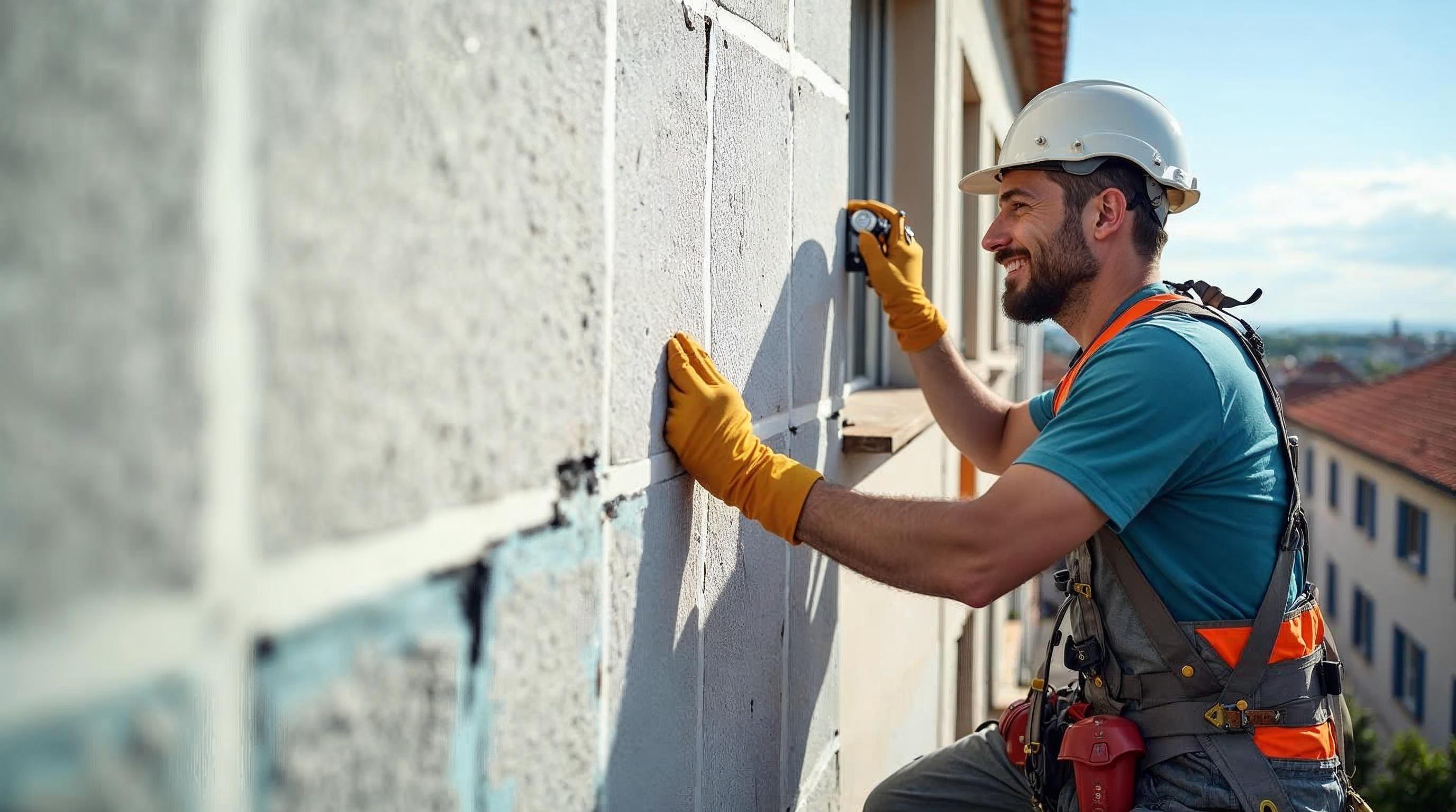 Técnico a aplicar isolamento térmico numa fachada de edifício residencial em Portugal