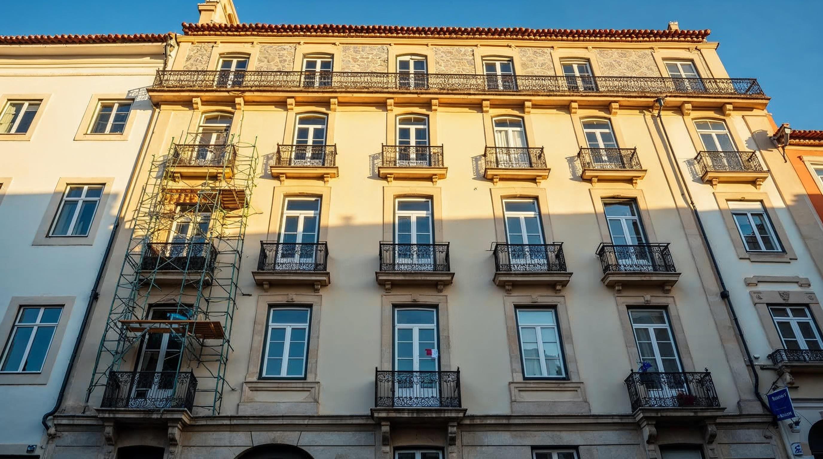 Fachada de prédio antigo em Portugal em processo de reabilitação urbana
