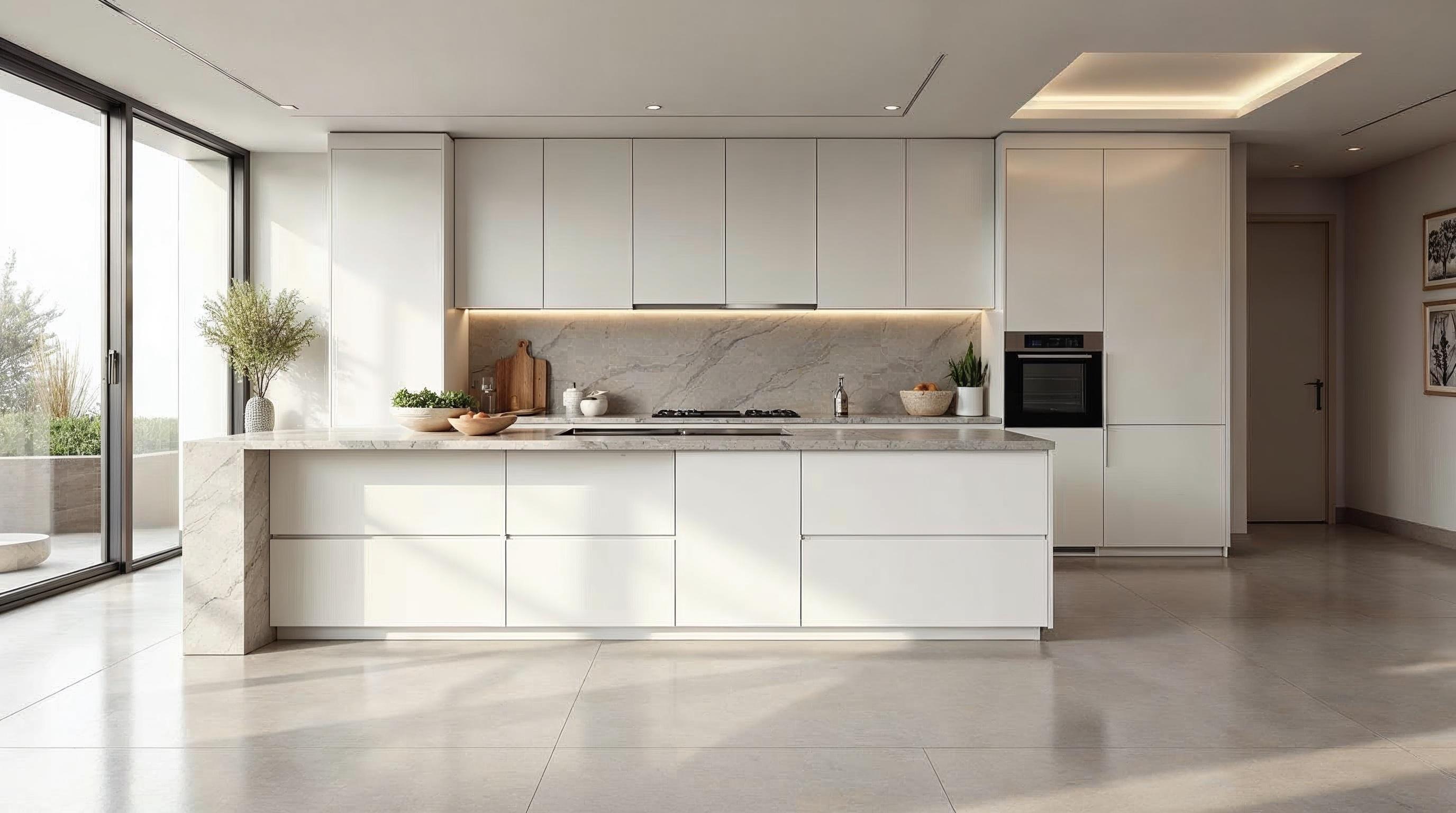 Cozinha moderna renovada com bancada em pedra, armários brancos e iluminação natural